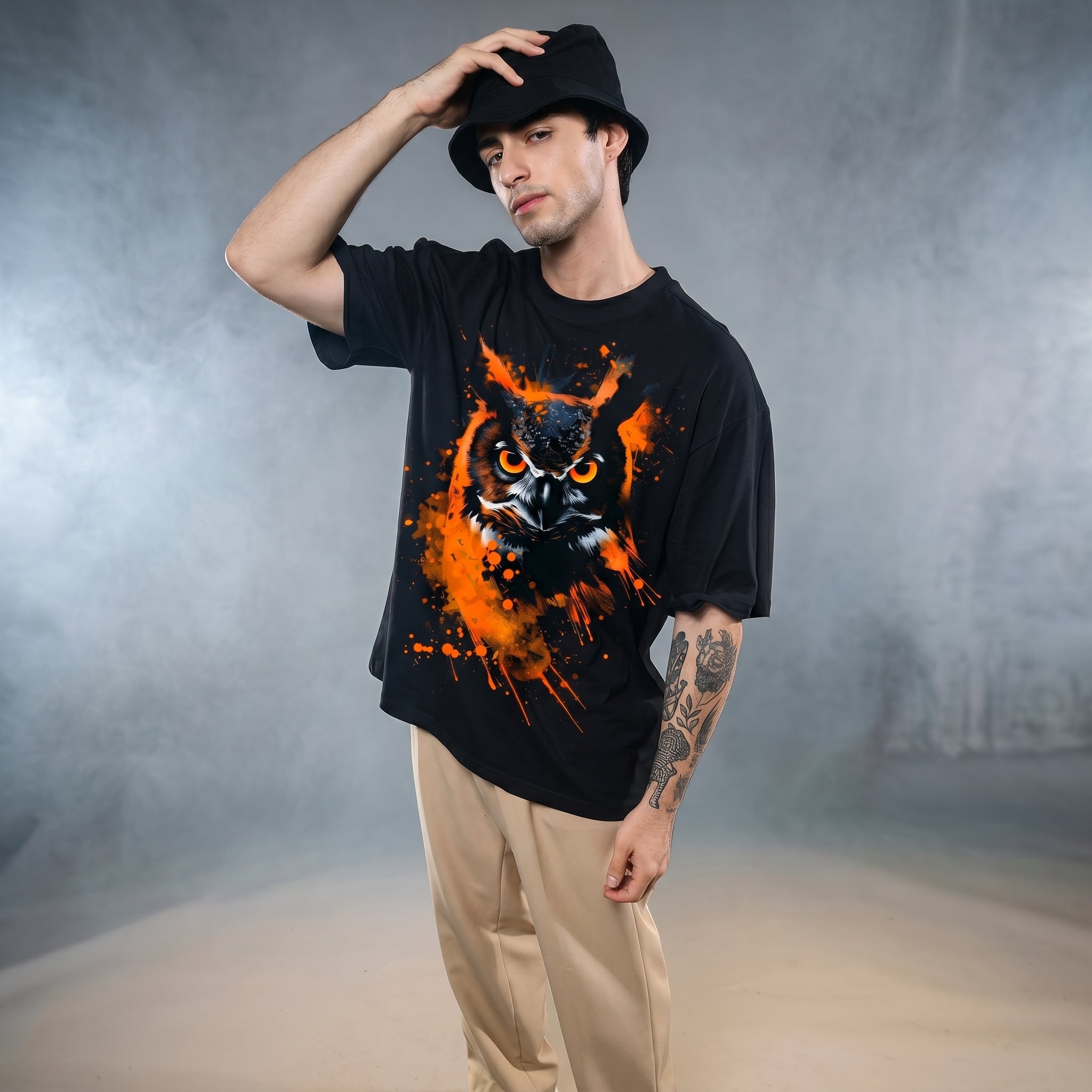 Owl Art Oversized Graphic Printed T-shirt
