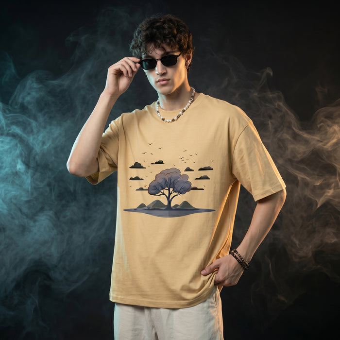 Beige Oversized Graphic Printed T-shirt