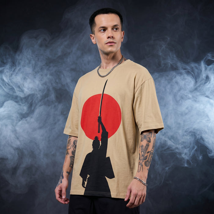 Beige Oversized Graphic Printed T-shirt
